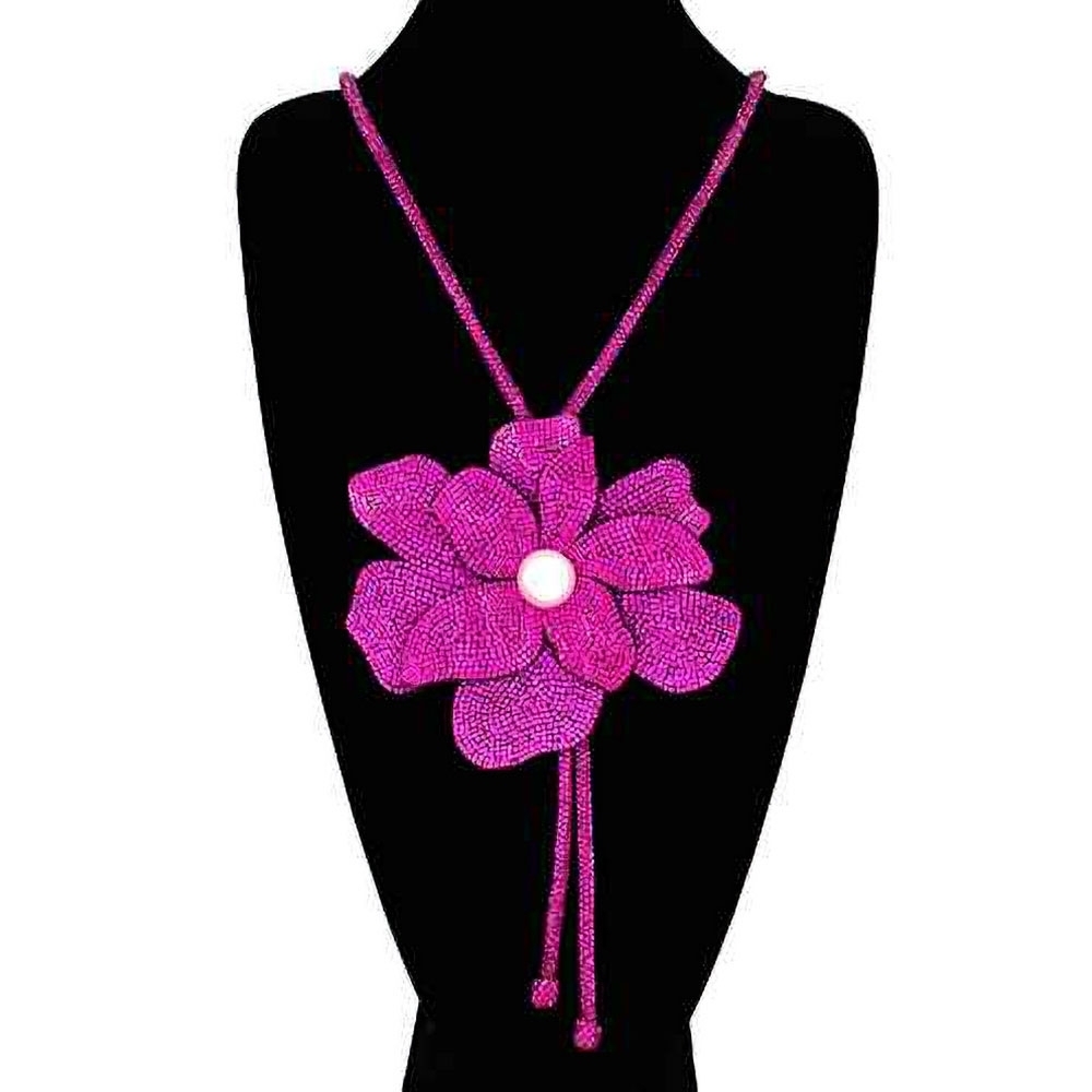 Fuchsia Pink Bling Studded Bolo Tie Pearl Flower Pendant Bold Statement Necklace